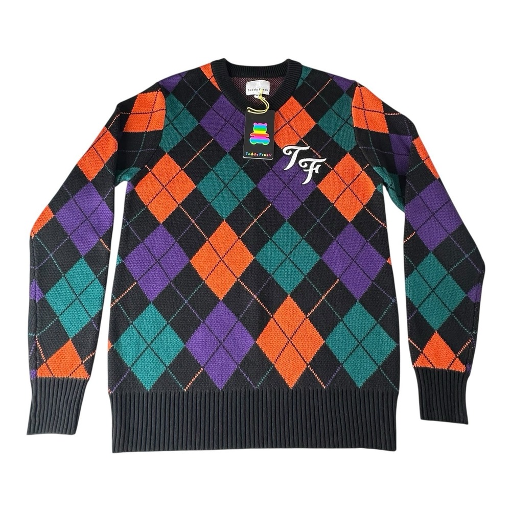 Teddy Fresh Men V-Neck Argyle Sweater Size Multicolor Knit‎ XS